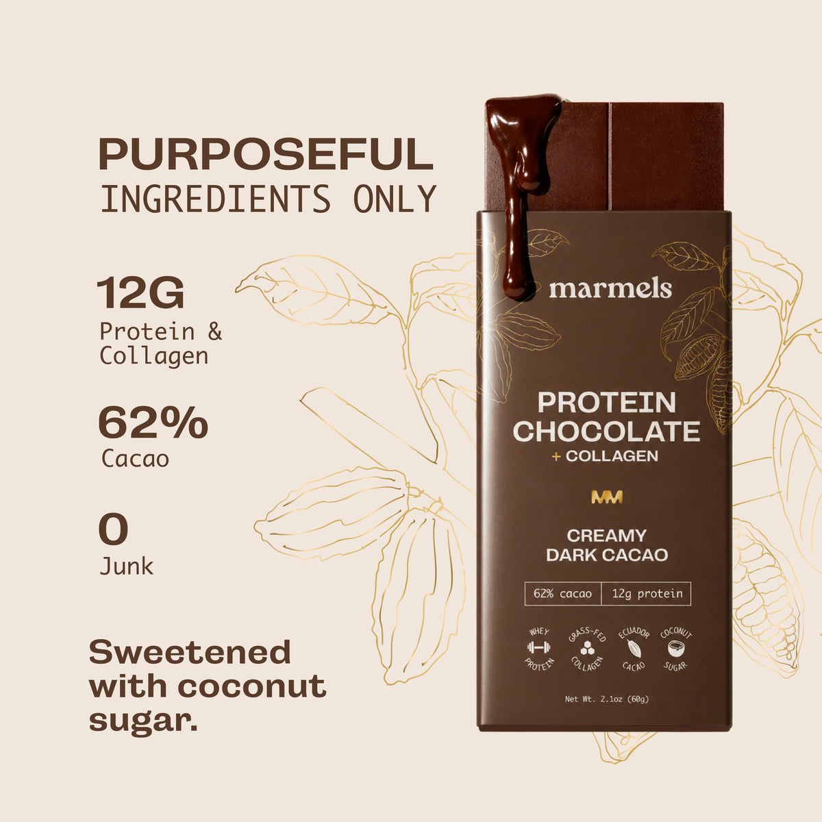 Creamy Dark Cacao bar with melted chocolate over the top, 12g protein and collagen, sweetened with coconut sugar 